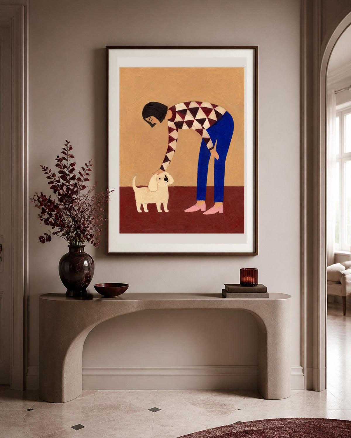 Donna con cane bianco, stampa digitale pittura naïf