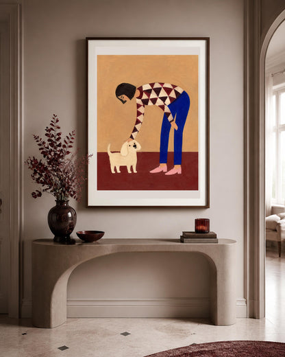 Donna con cane bianco, stampa digitale pittura naïf