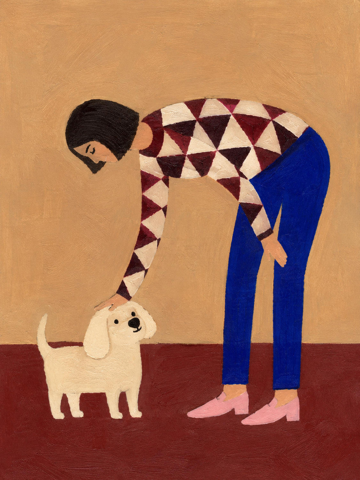 Donna con cane bianco, stampa digitale pittura naïf