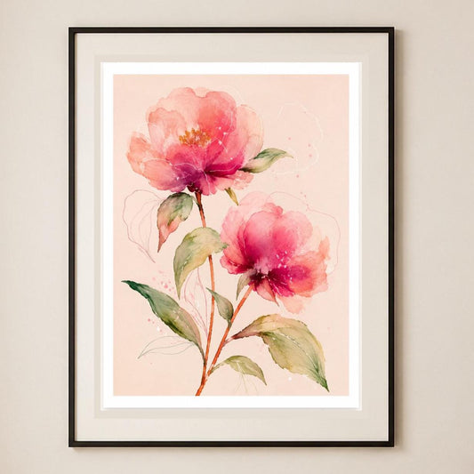 Peonie rosa in fiore, stampa digitale acquerello botanico
