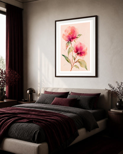 Peonie rosa in fiore, stampa digitale acquerello botanico
