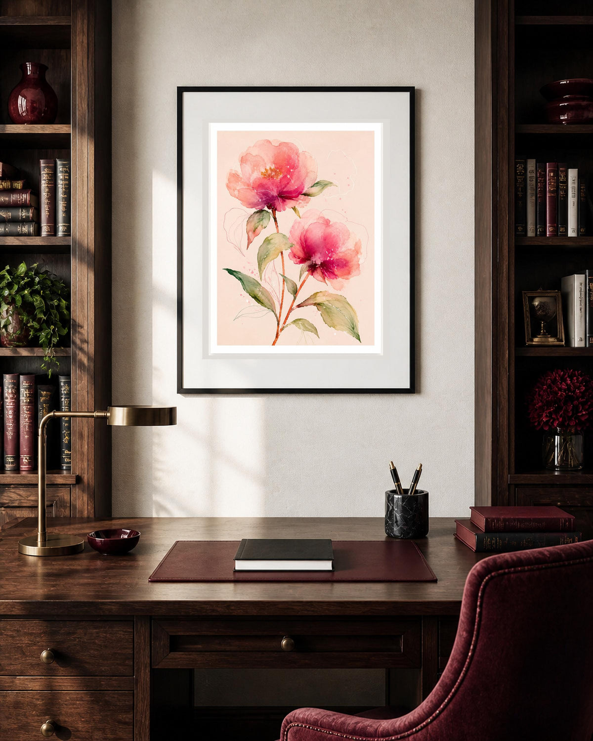 Peonie rosa in fiore, stampa digitale acquerello botanico