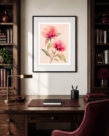 Peonie rosa in fiore, stampa digitale acquerello botanico