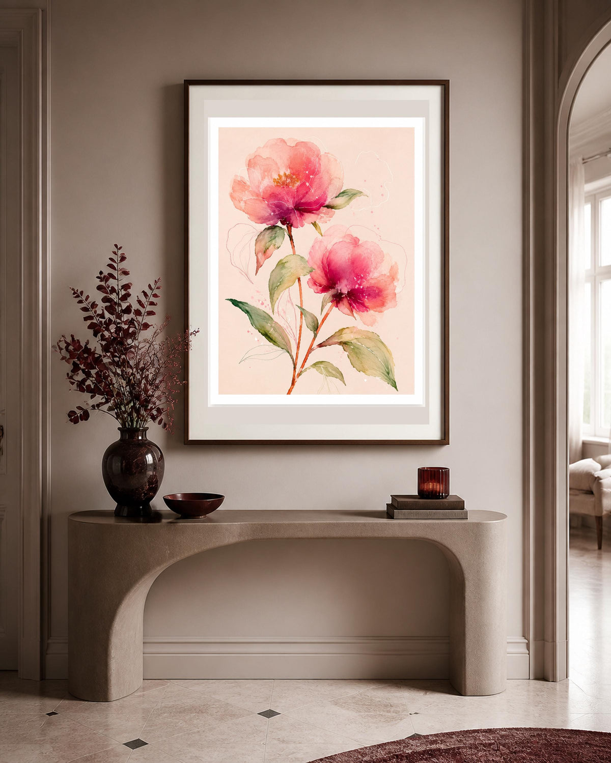Peonie rosa in fiore, stampa digitale acquerello botanico