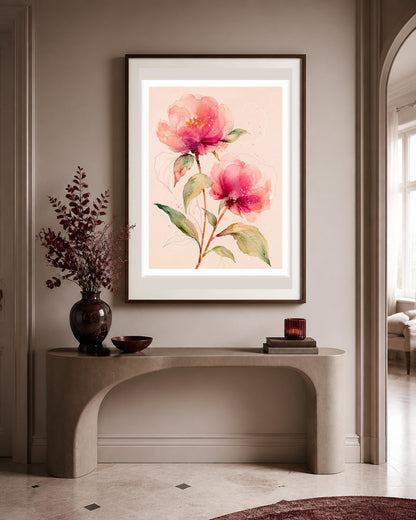 Peonie rosa in fiore, stampa digitale acquerello botanico