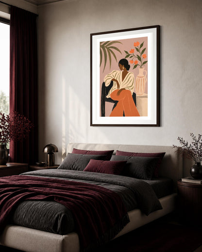 Donna seduta con fiori arancioni, stampa digitale figurativo rétro