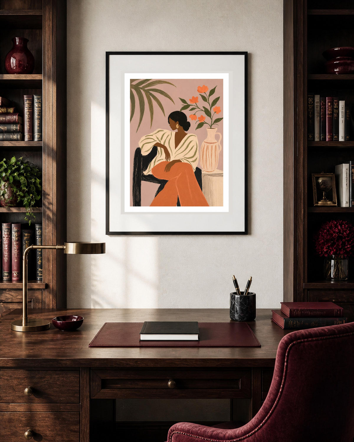 Donna seduta con fiori arancioni, stampa digitale figurativo rétro