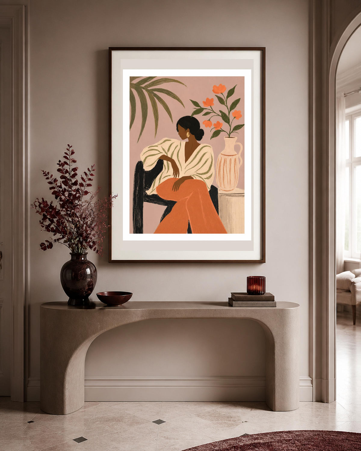 Donna seduta con fiori arancioni, stampa digitale figurativo rétro