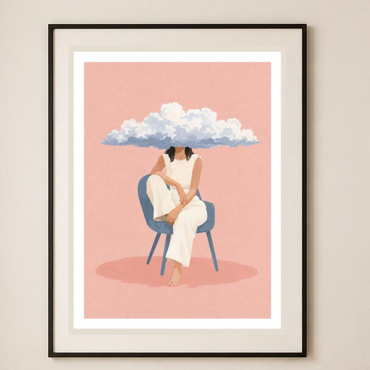Donna con la testa tra le nuvole, stampa digitale surrealismo minimal