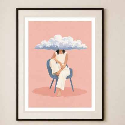 Donna con la testa tra le nuvole, stampa digitale surrealismo minimal