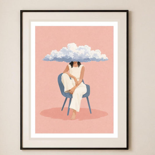 Donna con la testa tra le nuvole, stampa digitale surrealismo minimal