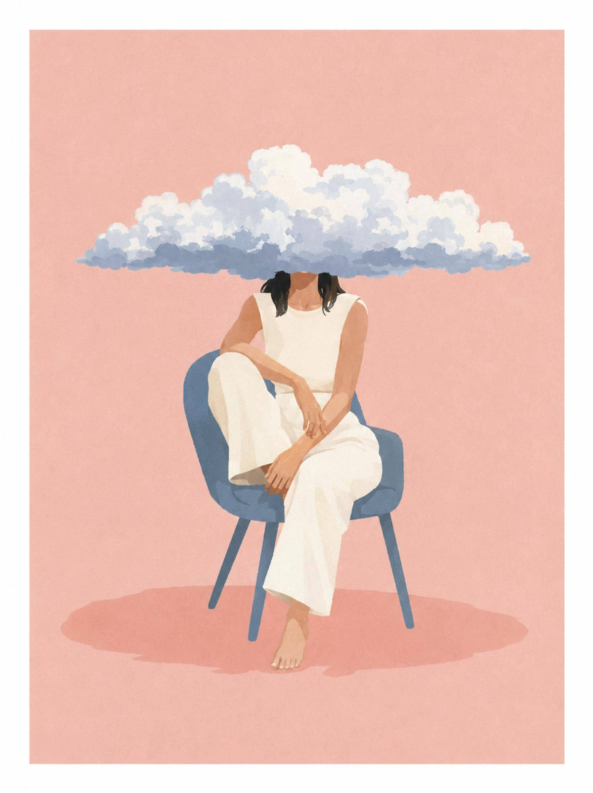 Donna con la testa tra le nuvole, stampa digitale surrealismo minimal