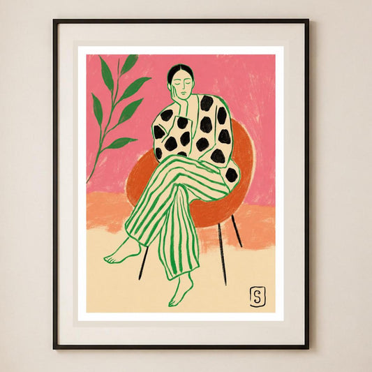 Donna in rosa e verde, stampa digitale figurativo naïf