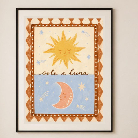 Sole e luna in armonia, stampa digitale folk celestiale