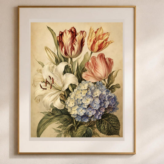Poster digitale bouquet botanico vintage - Tulipani e Ortensie, file da stampare