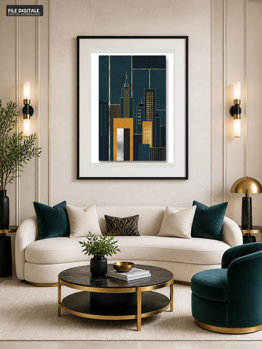 Poster digitale skyline geometrico Art Deco - Metropoli d'Oro, file da stampare