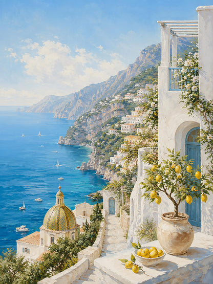 Poster digitale veduta mediterranea luminosa - Balcone sulla Costiera, file da stampare