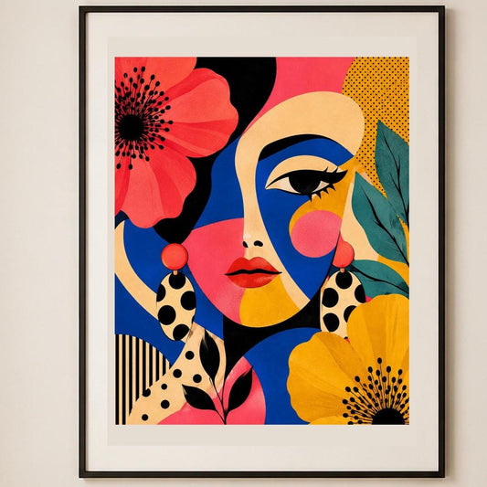 Poster digitale ritratto pop geometrico con fiori - Volto in Fiore, file da stampare