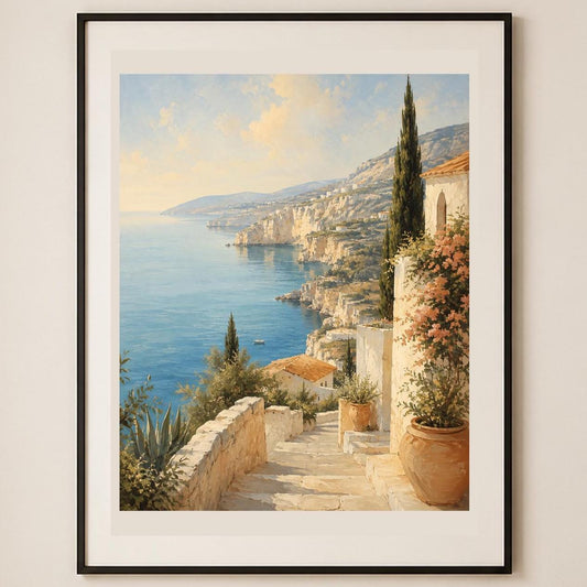 Poster digitale scalinata mediterranea affacciata sul mare - Sentiero sulla Costiera, file da stampare