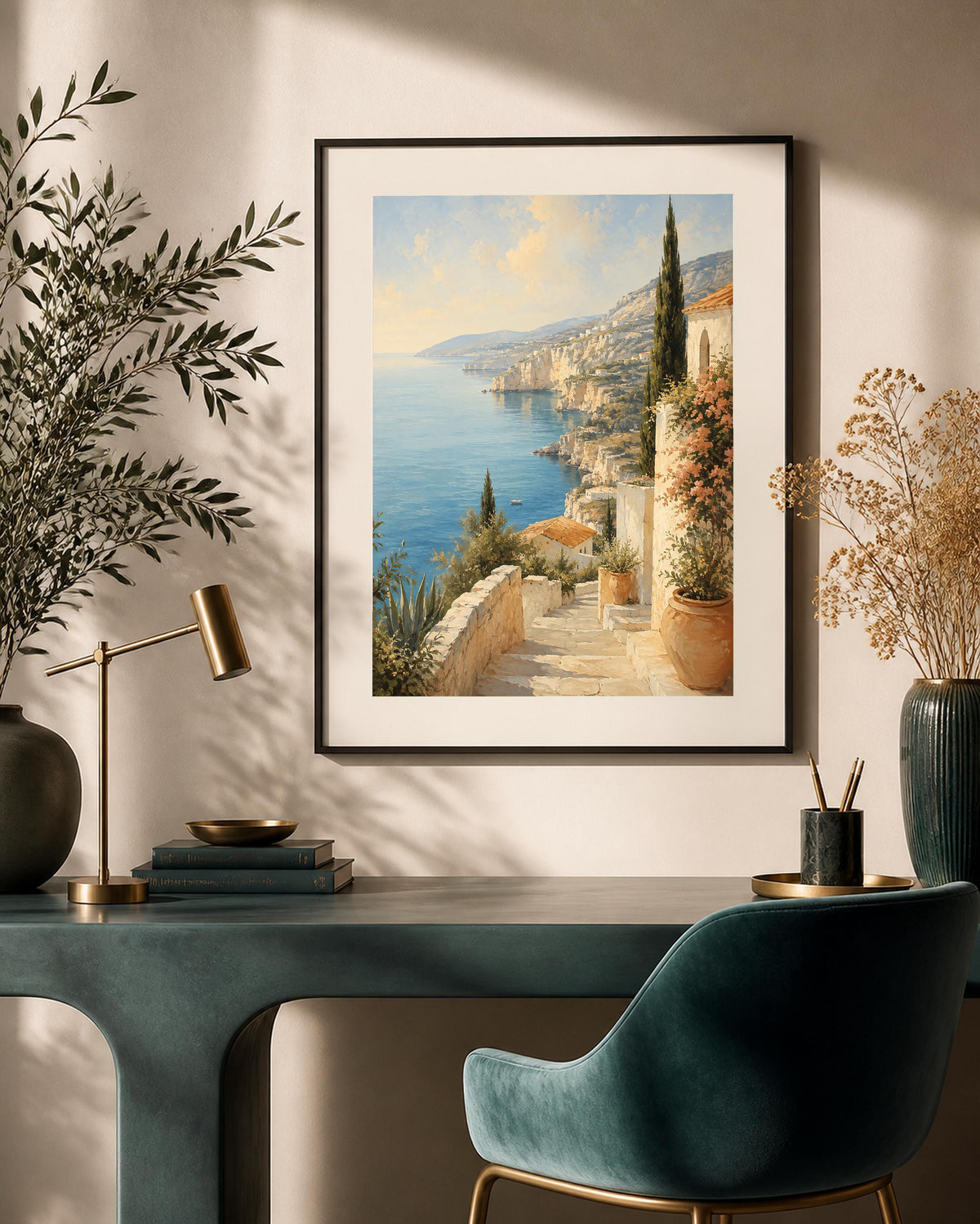 Poster digitale scalinata mediterranea affacciata sul mare - Sentiero sulla Costiera, file da stampare