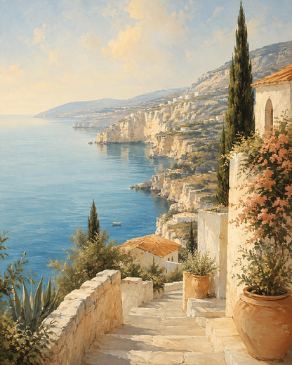 Poster digitale scalinata mediterranea affacciata sul mare - Sentiero sulla Costiera, file da stampare