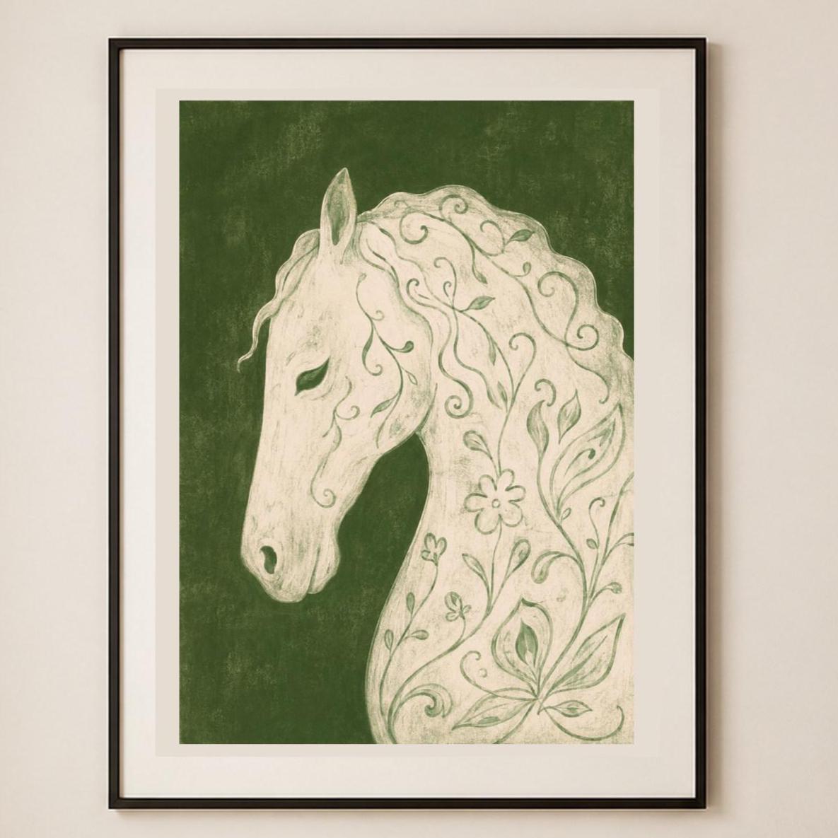 Cavallo bianco floreale, stampa digitale folk botanico