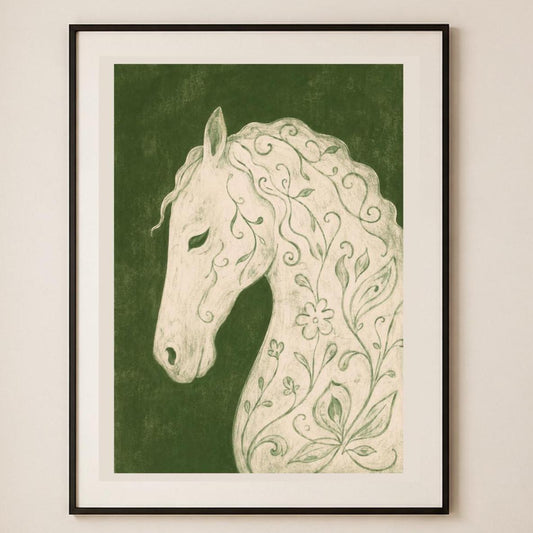 Cavallo bianco floreale, stampa digitale folk botanico