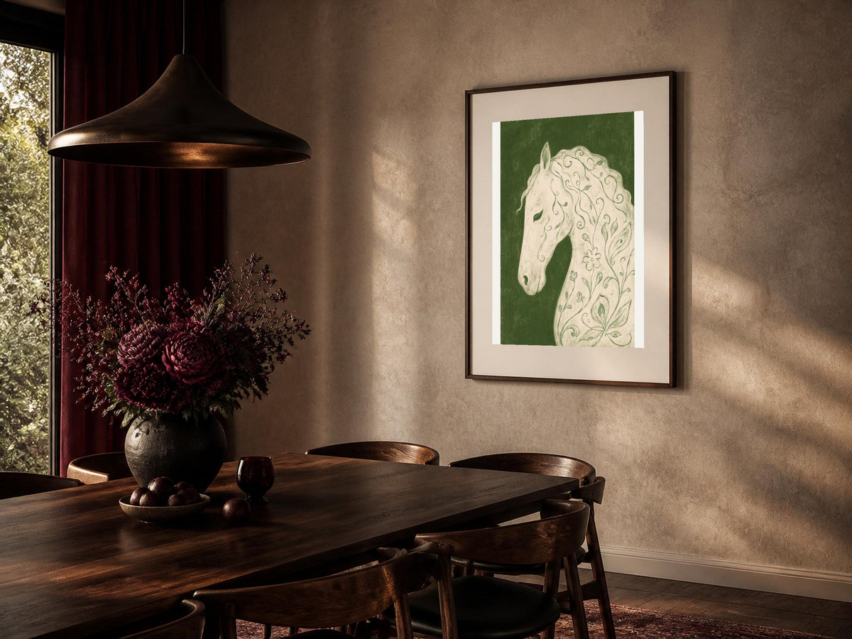 Cavallo bianco floreale, stampa digitale folk botanico