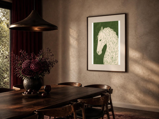 Cavallo bianco floreale, stampa digitale folk botanico