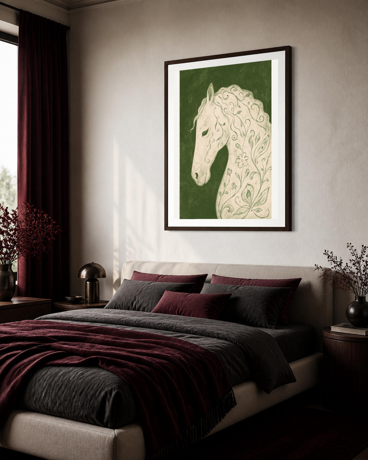 Cavallo bianco floreale, stampa digitale folk botanico