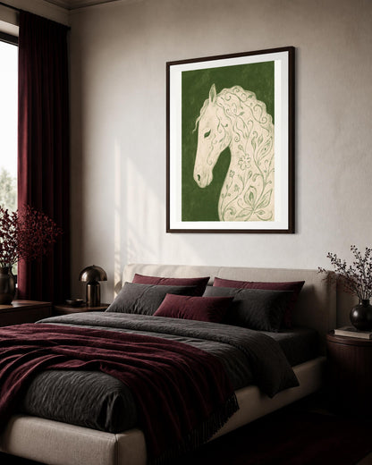 Cavallo bianco floreale, stampa digitale folk botanico