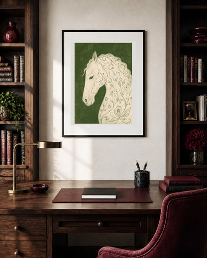 Cavallo bianco floreale, stampa digitale folk botanico
