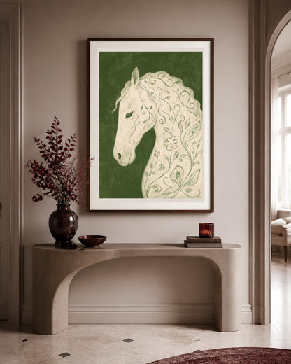 Cavallo bianco floreale, stampa digitale folk botanico
