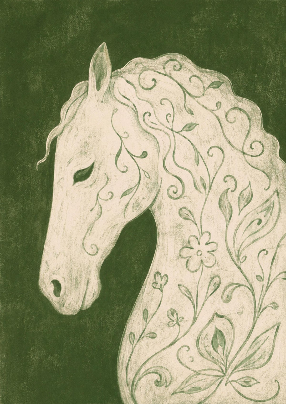 Cavallo bianco floreale, stampa digitale folk botanico