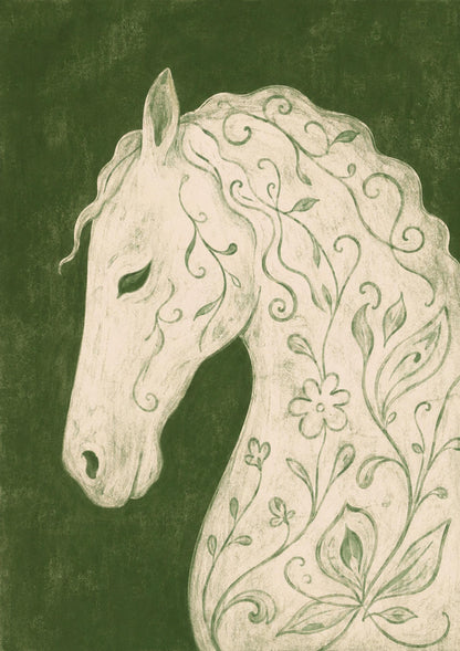 Cavallo bianco floreale, stampa digitale folk botanico