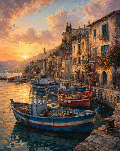 Poster digitale borgo marinaro al tramonto - Porto al Tramonto, file da stampare