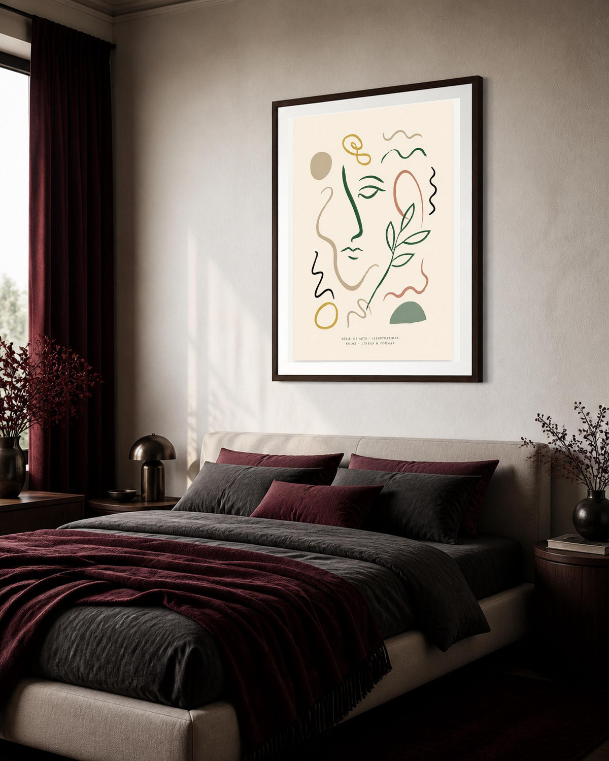 Volto astratto con ramo, stampa digitale line art botanica