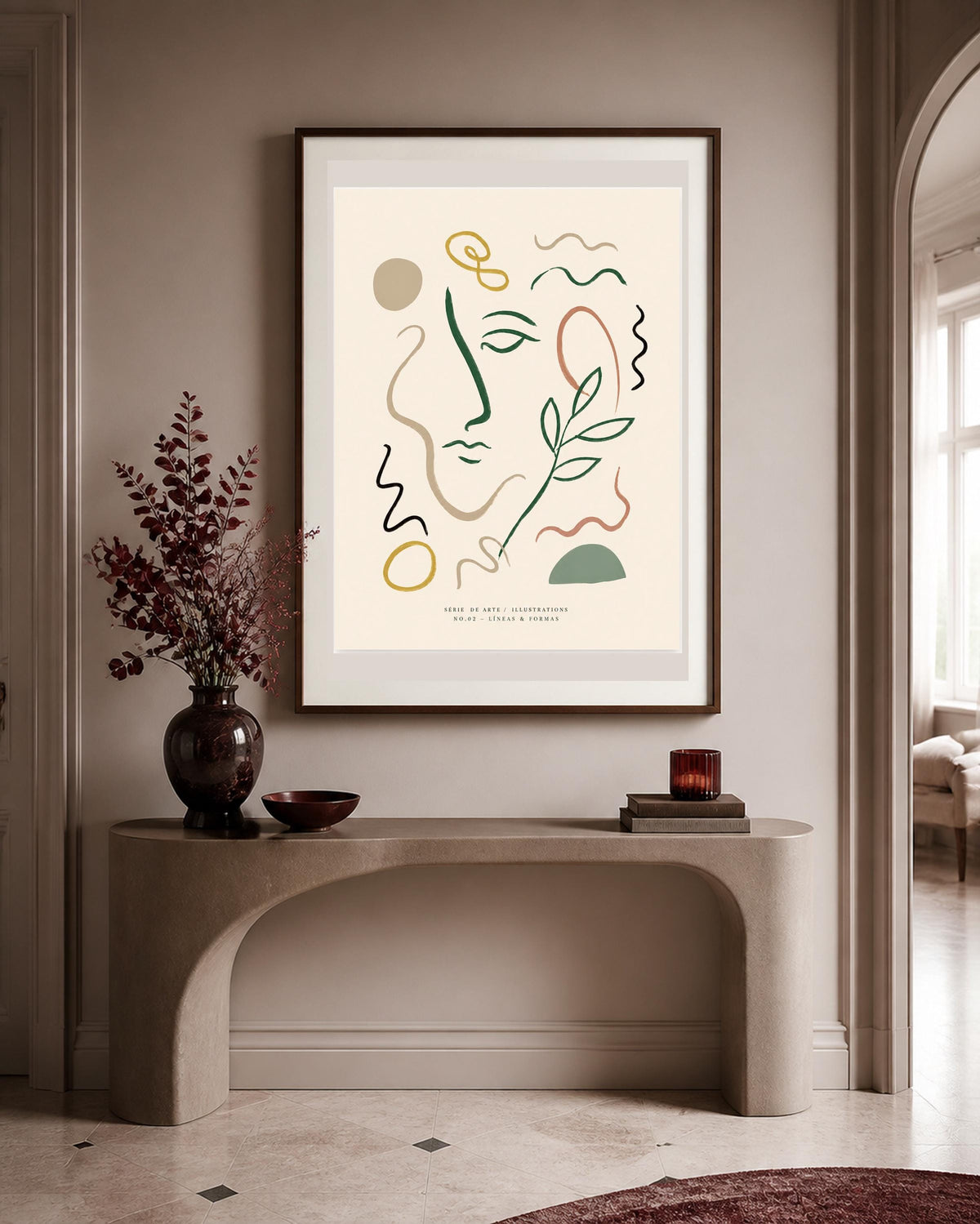 Volto astratto con ramo, stampa digitale line art botanica