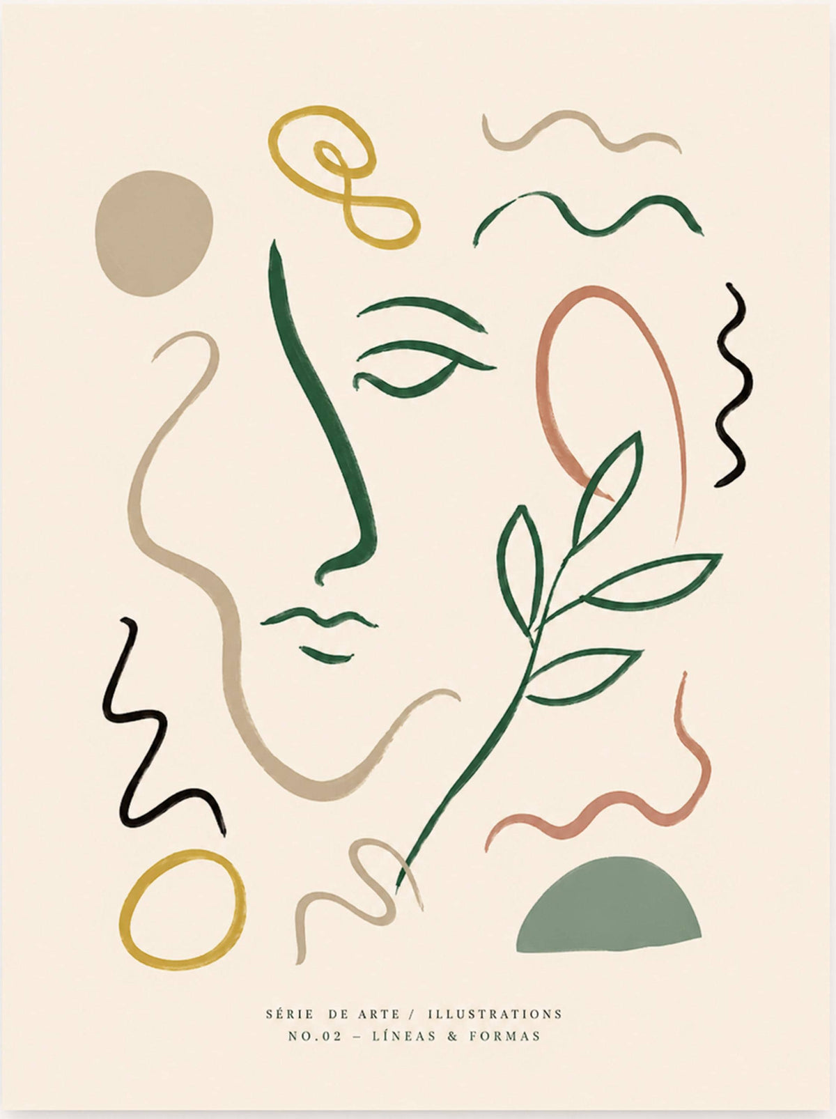 Volto astratto con ramo, stampa digitale line art botanica