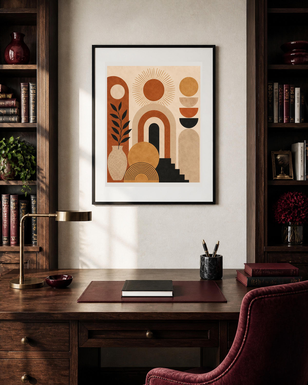 Poster digitale composizione geometrica con archi e sole - Orizzonti d'Argilla, file da stampare