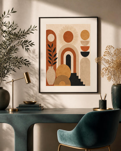 Poster digitale composizione geometrica con archi e sole - Orizzonti d'Argilla, file da stampare