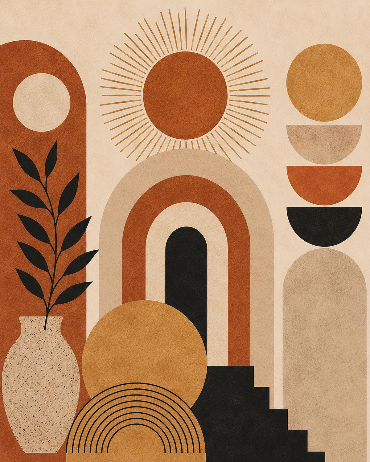 Poster digitale composizione geometrica con archi e sole - Orizzonti d'Argilla, file da stampare