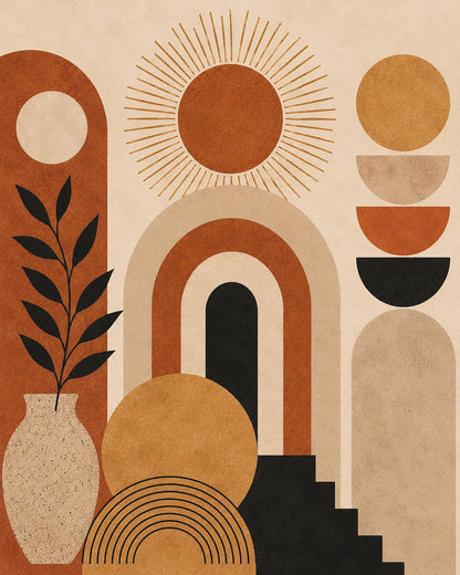 Poster digitale composizione geometrica con archi e sole - Orizzonti d'Argilla, file da stampare
