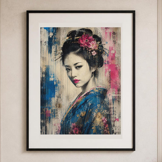 Poster digitale ritratto femminile contemporaneo con fiori - Geisha Contemporanea, file da stampare