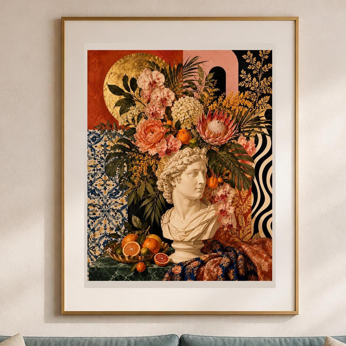 Poster digitale busto classico tra fiori e agrumi - Giardino Classico, file da stampare