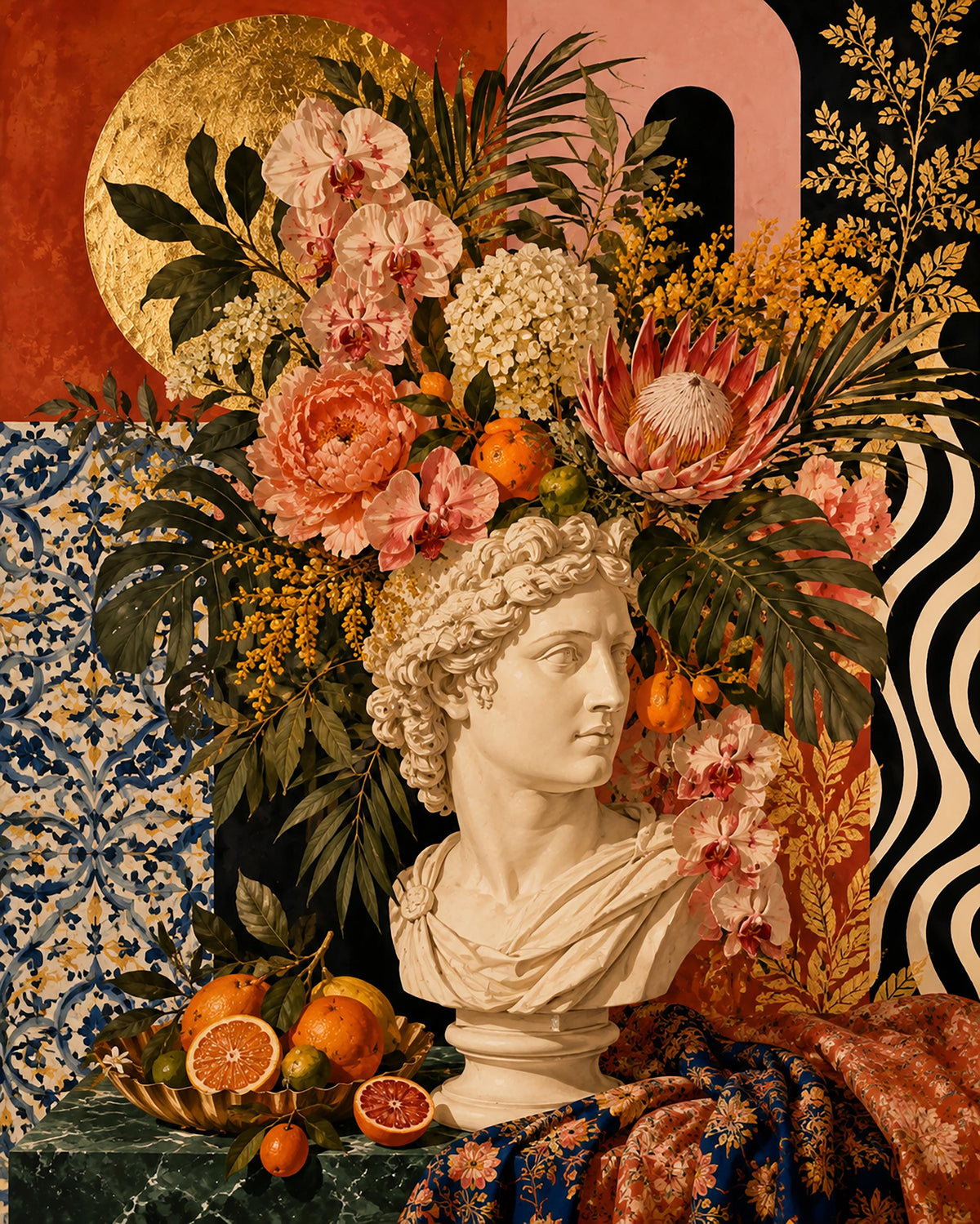 Poster digitale busto classico tra fiori e agrumi - Giardino Classico, file da stampare