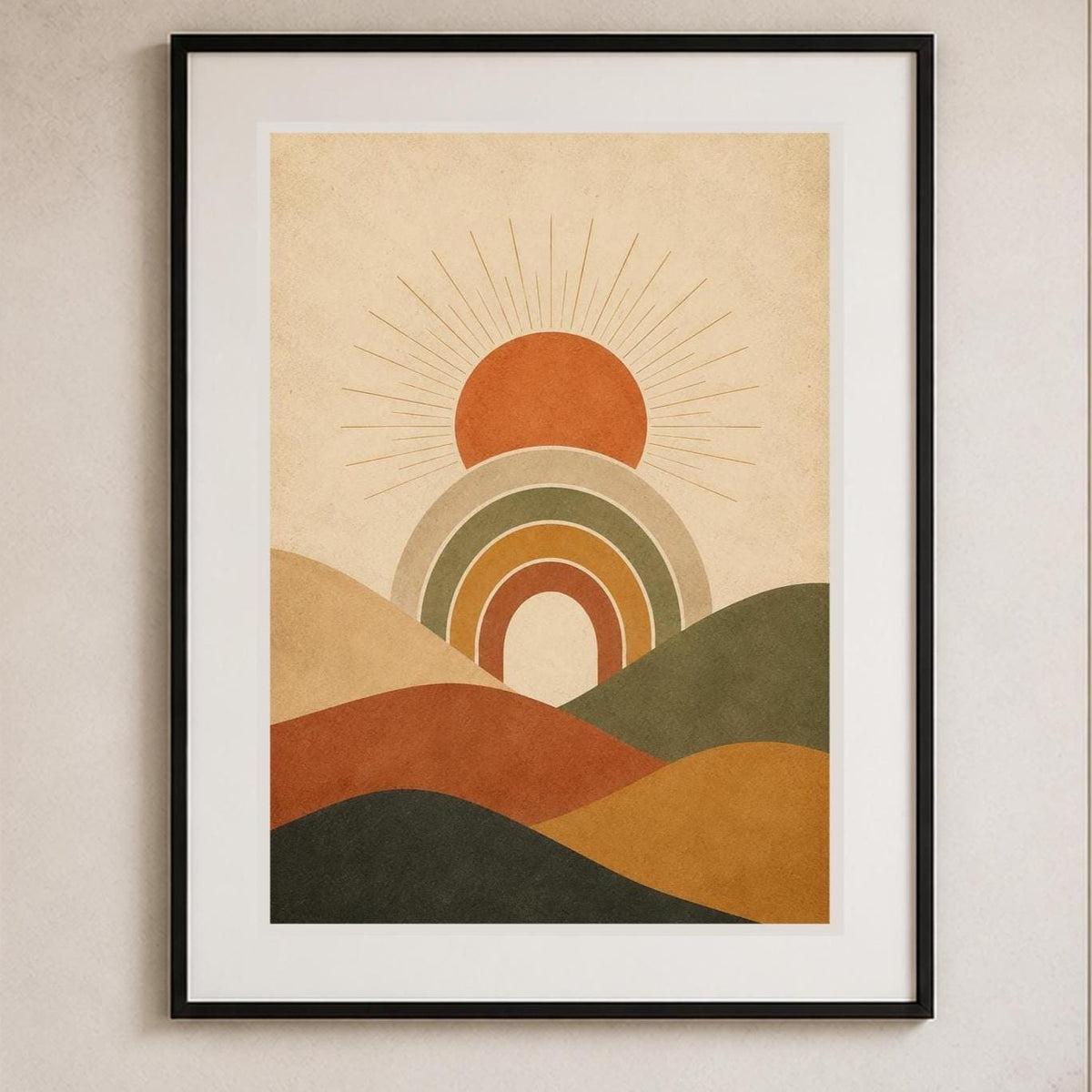 Poster digitale sole sopra colline geometriche - Alba sulle Colline, file da stampare