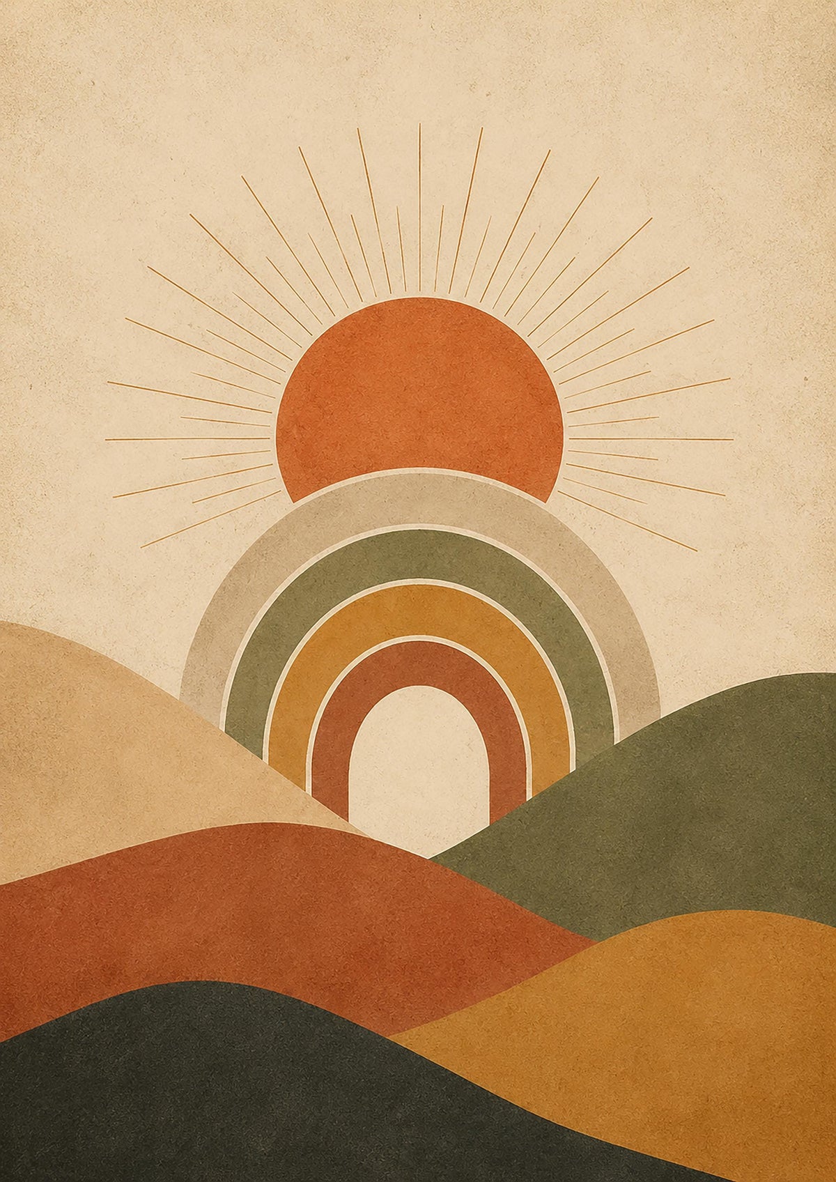 Poster digitale sole sopra colline geometriche - Alba sulle Colline, file da stampare