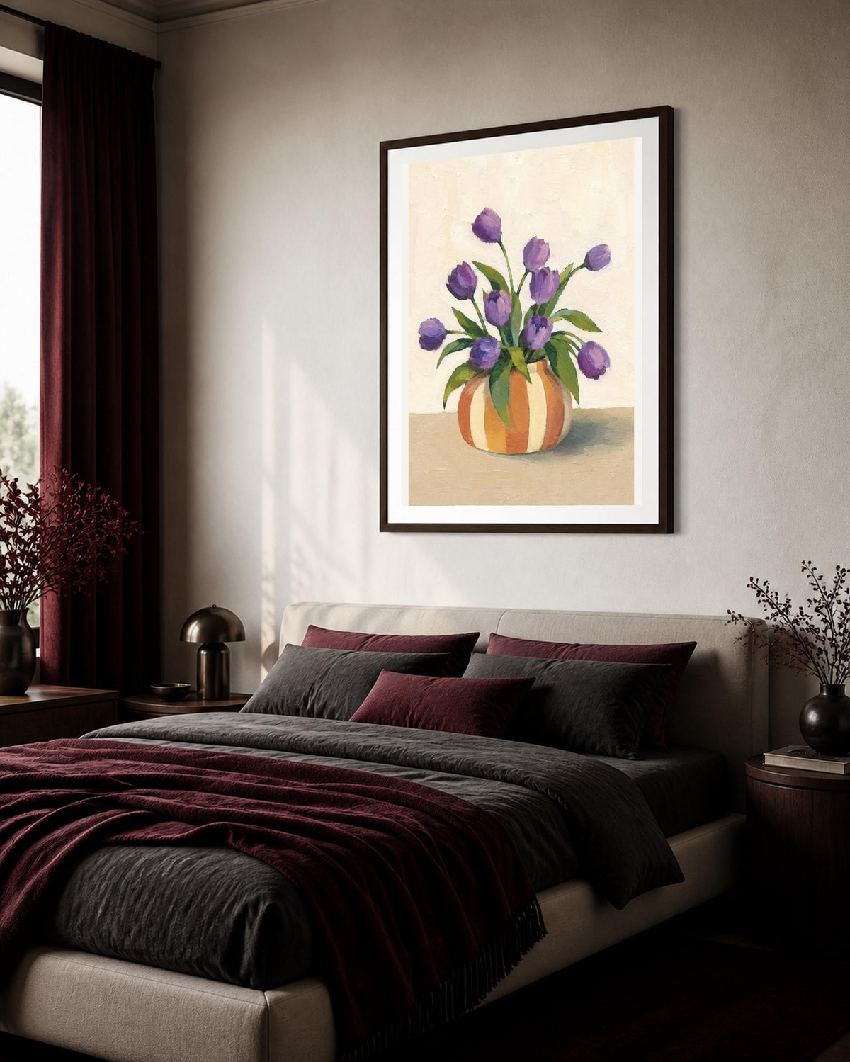 Tulipani Viola nel Vaso a Righe – Stampa digitale da parete