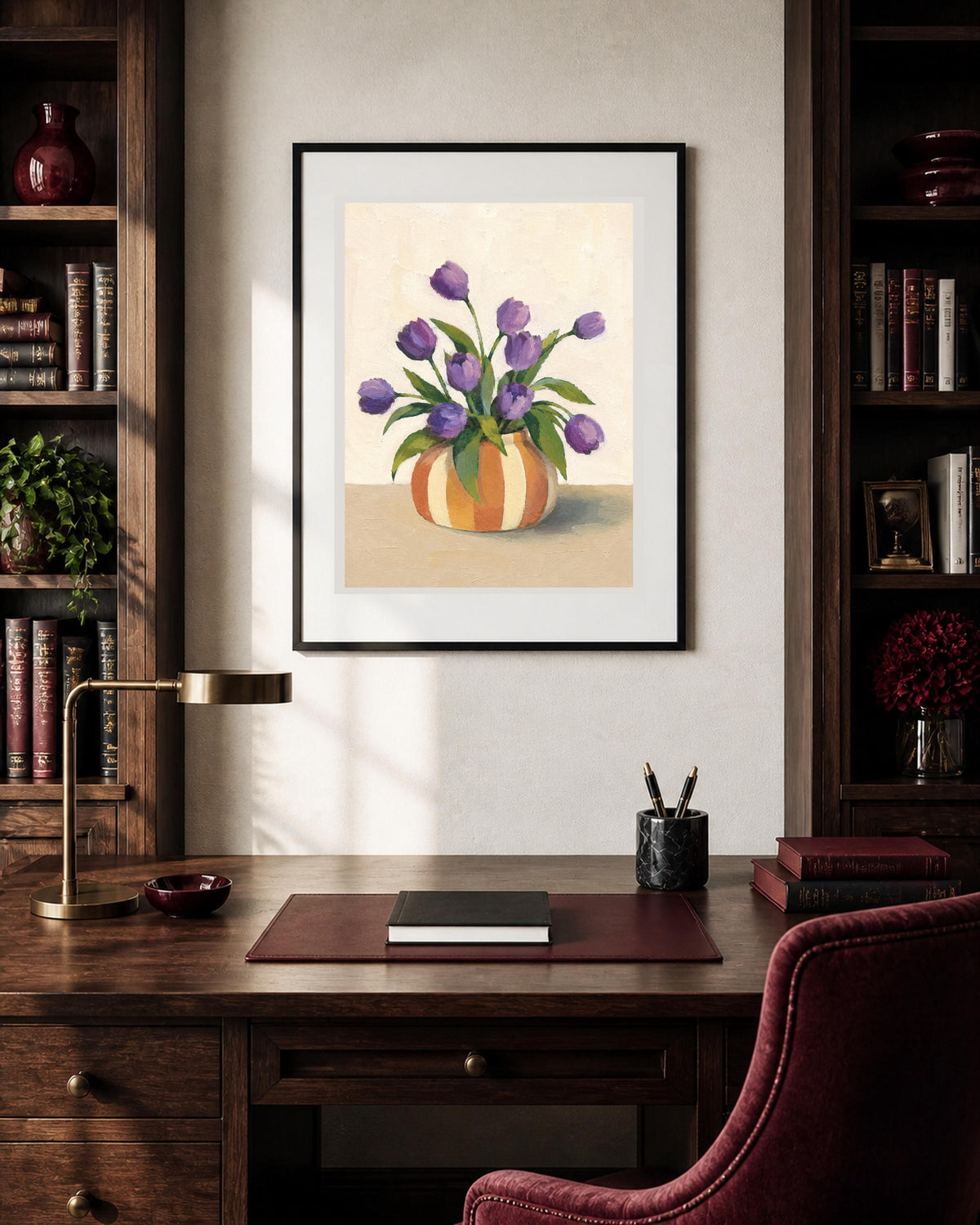 Tulipani Viola nel Vaso a Righe – Stampa digitale da parete